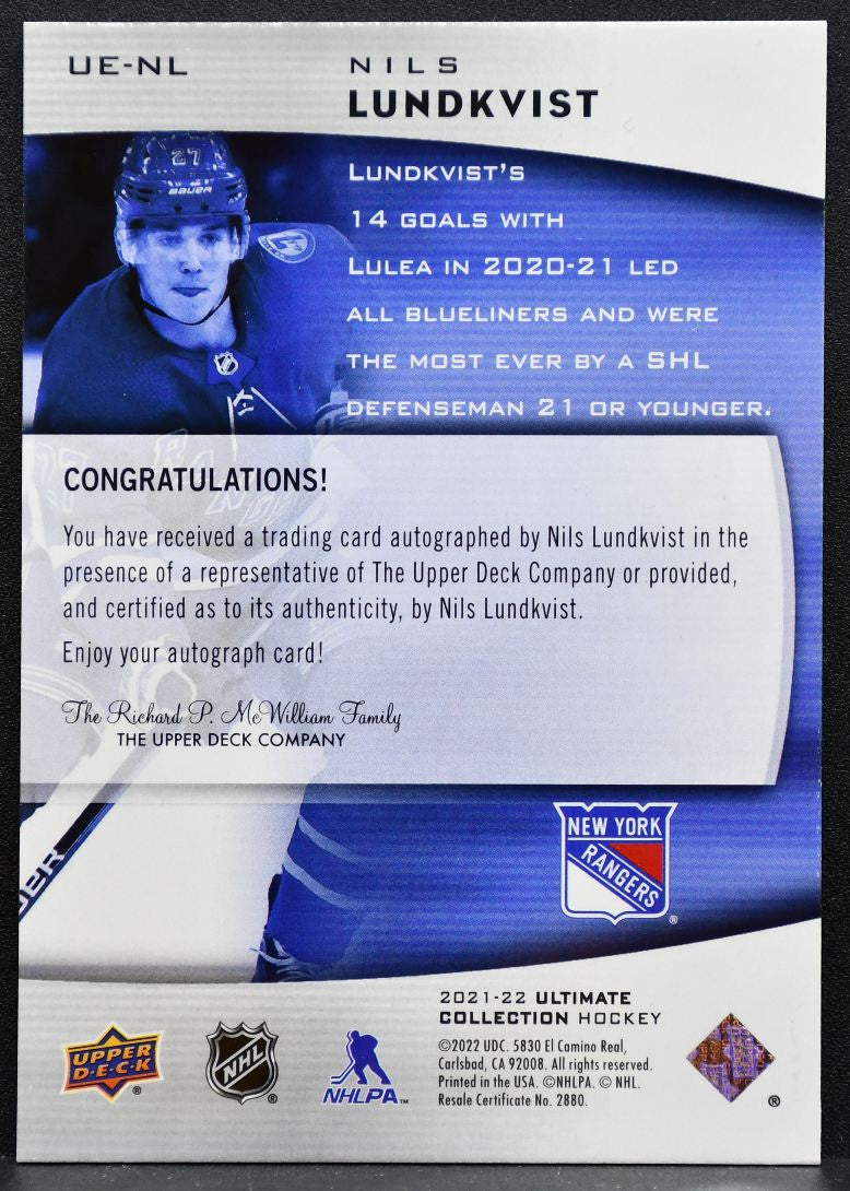 2021-22 UD Ultimate Collection Emblems Rookies Auto Lundkvist RC Auto 7233