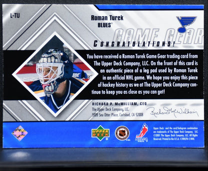 2000-01 UD Black Diamond Game Gear Roman Turek Blues Goalie Pad 1053