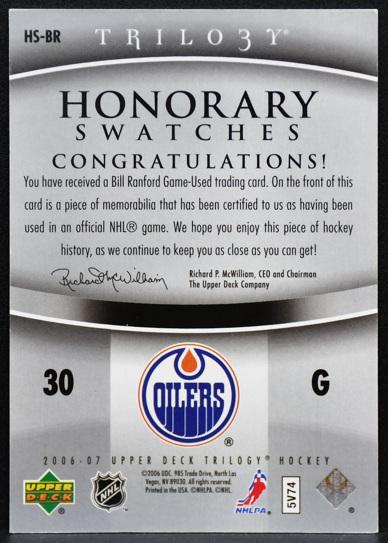 2006-07 UD Trilogy Honorary Swatches Bill Ranford HS-BR Oilers Jersey 3312
