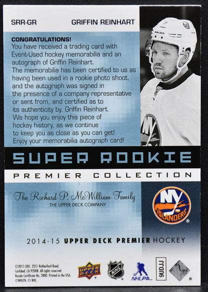 2014-15 UD Premier 2002-03 Tribute Patch Rookies Griffin Reinhart SRR-GR Auto 99