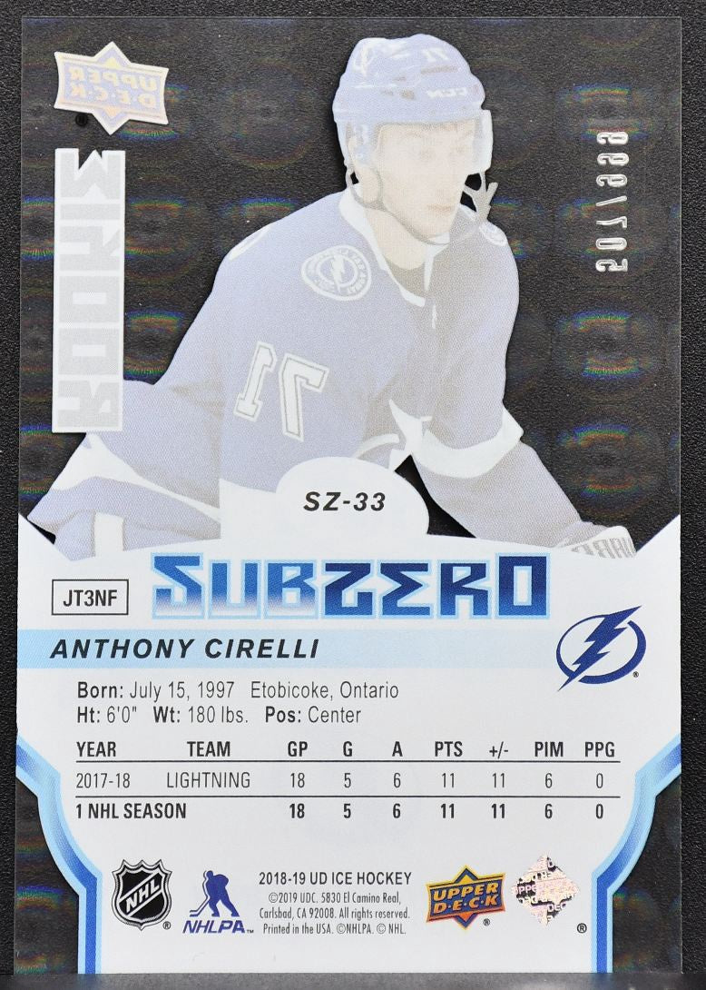 2018-19 UD Ice SubZero RC Anthony Cirelli SZ-33 Tampa Bay Lightning RC 507/999 5340