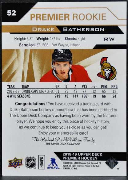 2018-19 UD Premier Rookie Jersey Drake Batherson 52 RC Jersey 2493
