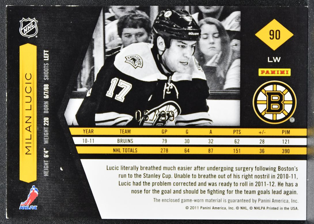 2011-12 Panini Limited Jersey Milan Lucic 90 Boston Bruins Jersey 2136