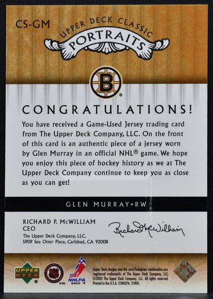 2003-04 Upper Deck Classic Portraits Stitches Glen Murray Bruins Jersey 0448