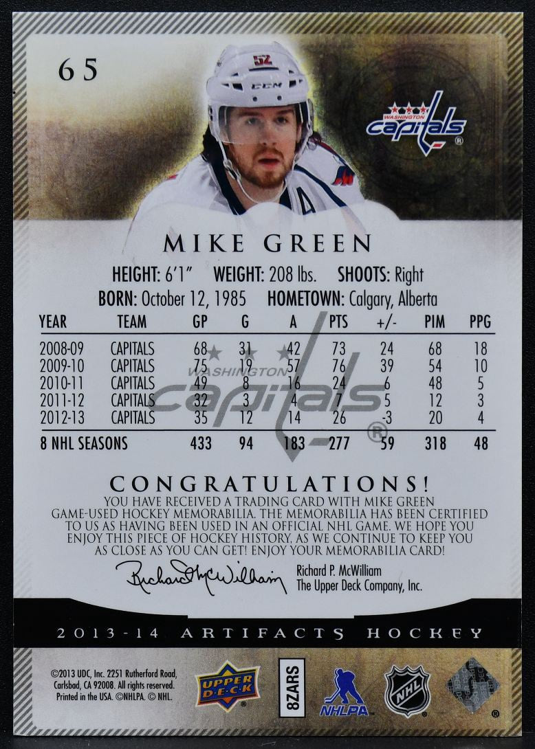 2013-14 Upper Deck Artifacts Emerald Materials Mike Green 65 15/24 Patch 9026