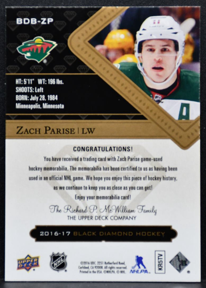 2016-17 Upper Deck Black Diamond Relics Zach Parise Wild 114/149 Jersey 5412