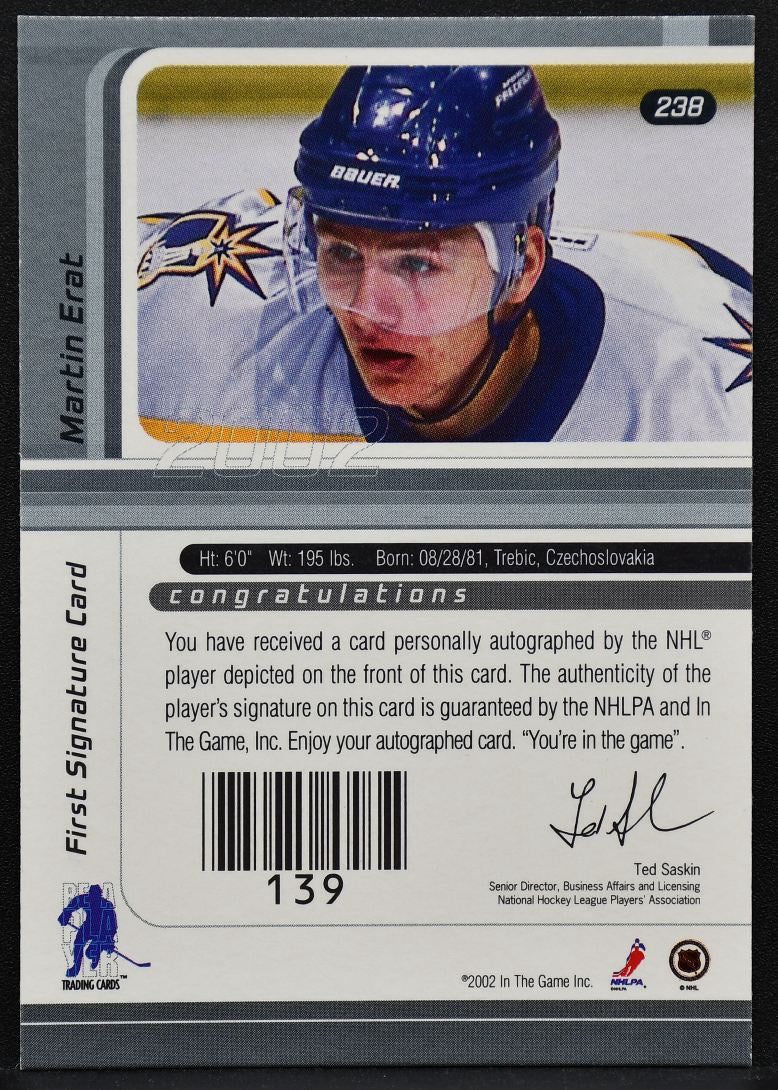 2001-02 In The Game Signature Series Martin Erat 238 Predators Auto 2452