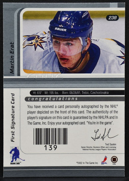 2001-02 In The Game Signature Series Martin Erat 238 Predators Auto 2452