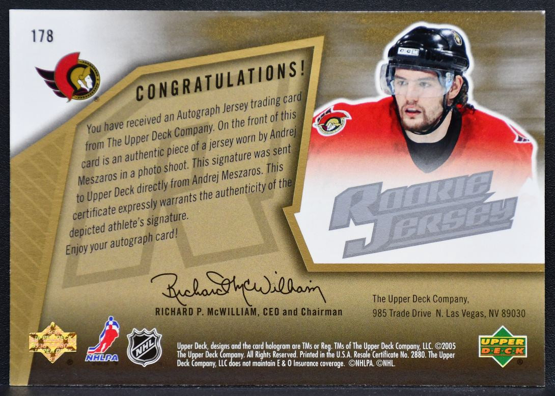 2005-06 SPx RC Jersey Andrej Meszaros 178 Senators RC Auto 0555/1499 Jersey 0348