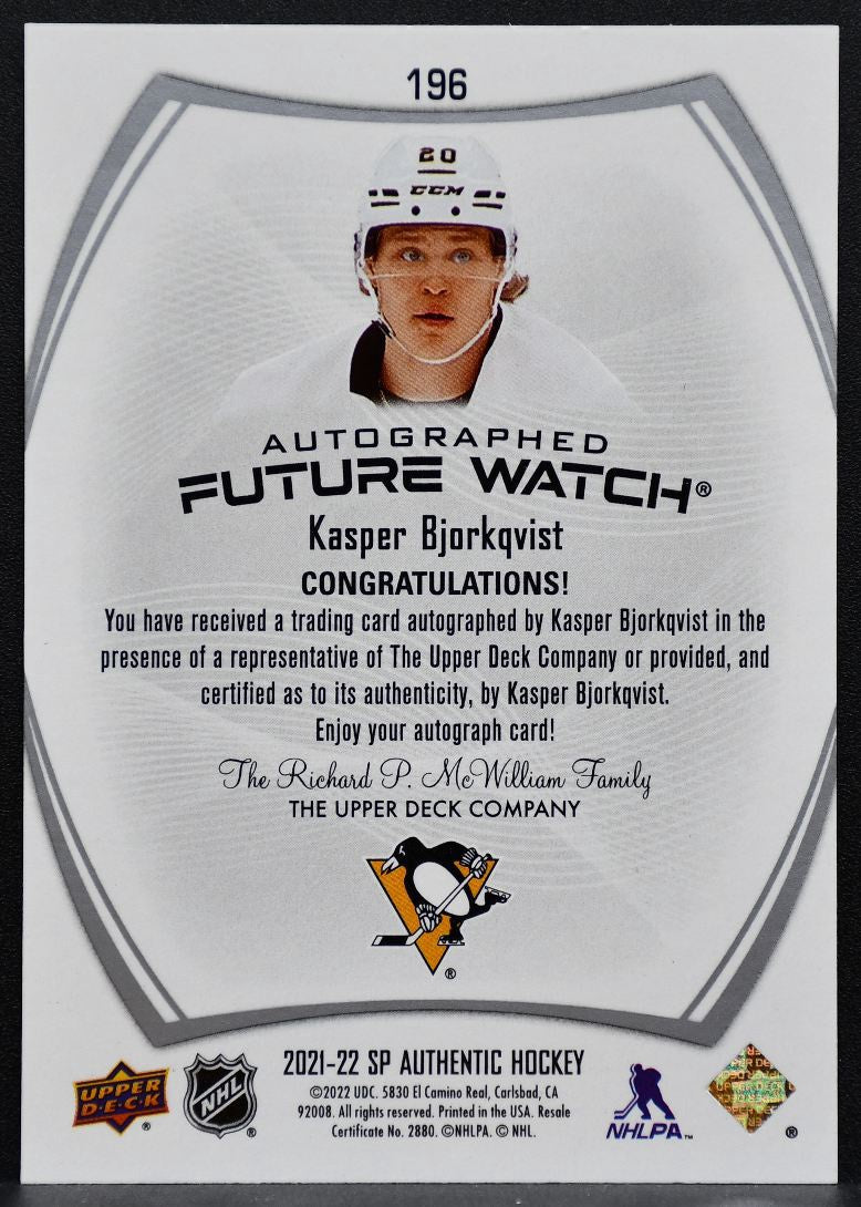 2021-22 SP Authentic Future Watch Auto Bjorkqvist Penguins RC Auto 966/999 1155