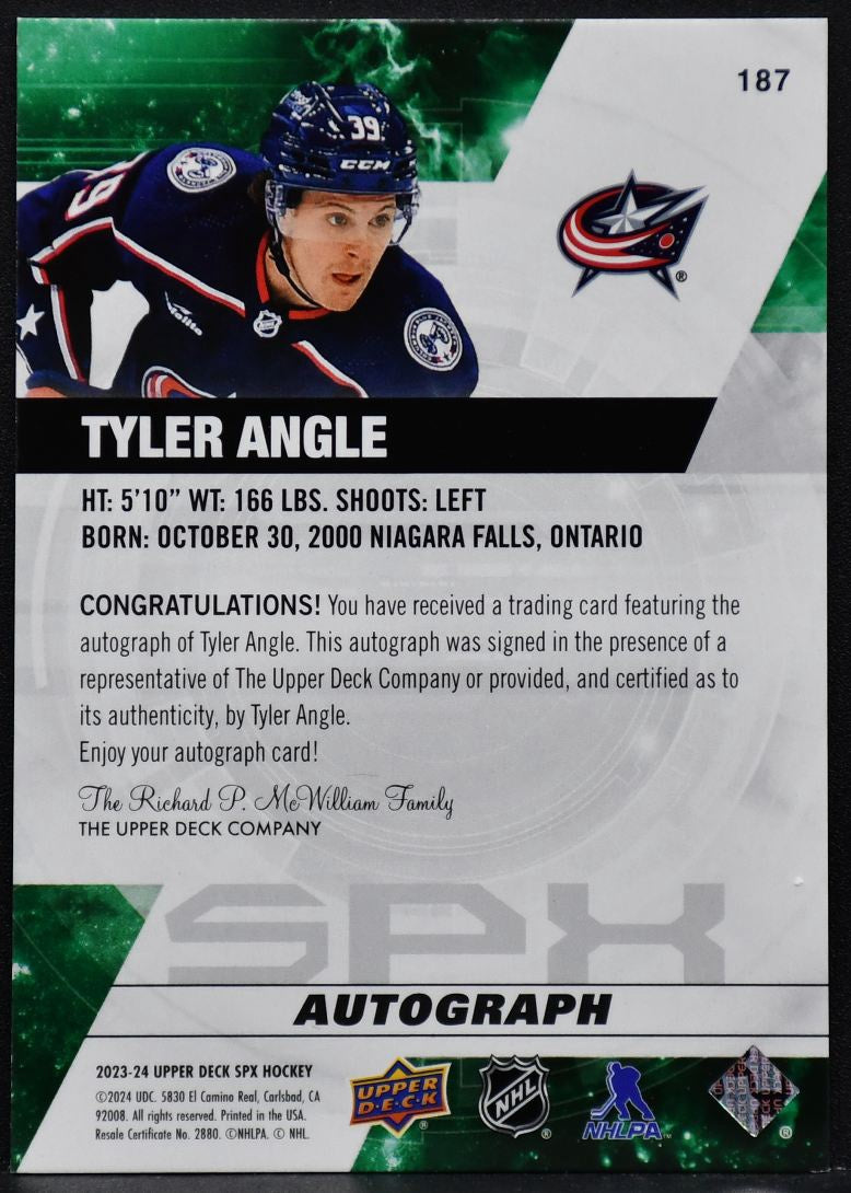2023-24 SPx Rookie Autograph Tyler Angle 187 Columbus Blue Jackets RC Auto