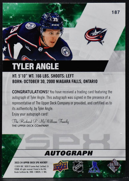 2023-24 SPx Rookie Autograph Tyler Angle 187 Columbus Blue Jackets RC Auto