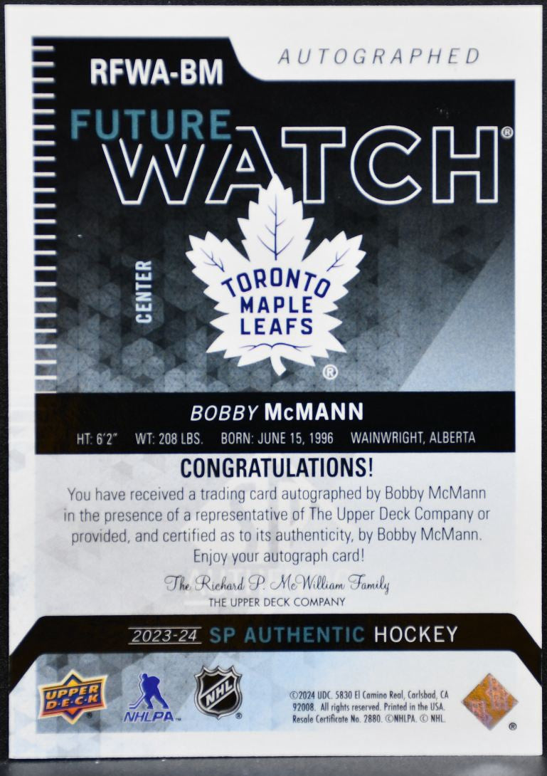 2023-24 SP Auth Retro Future Watch Auto McMann Maple Leafs RC Auto /699 5462