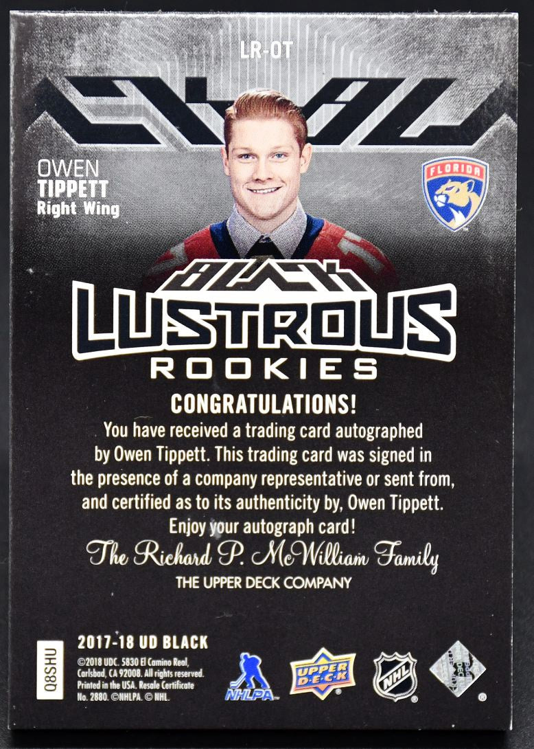 Carte autographiée Tippett LR-OT RC Auto 096/175, collection UD Black Black Lustrous Rookies 2017-18