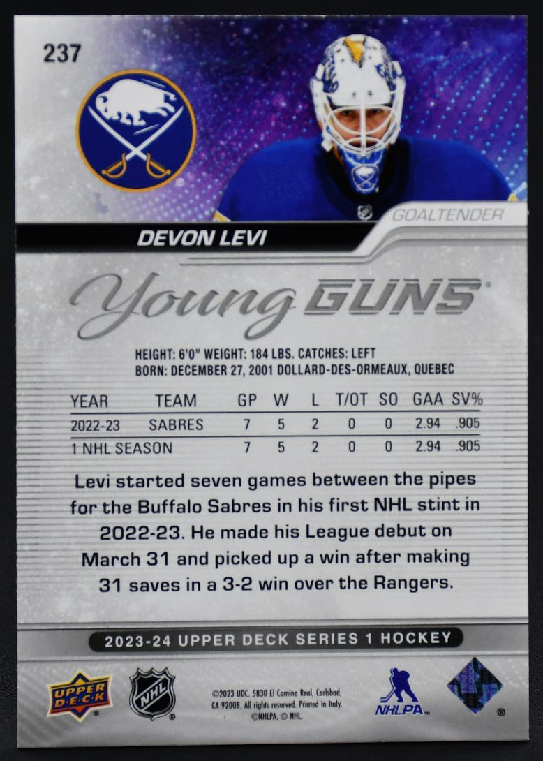 2023-24 UD Young Guns Devon Levi 237 Buffalo Sabres RC