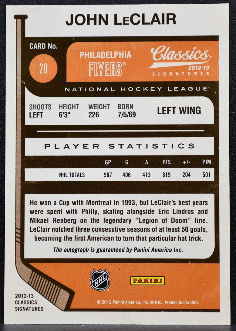 2012-13 Panini Classics Signatures Autographs John LeClair 20 Flyers Auto 9558