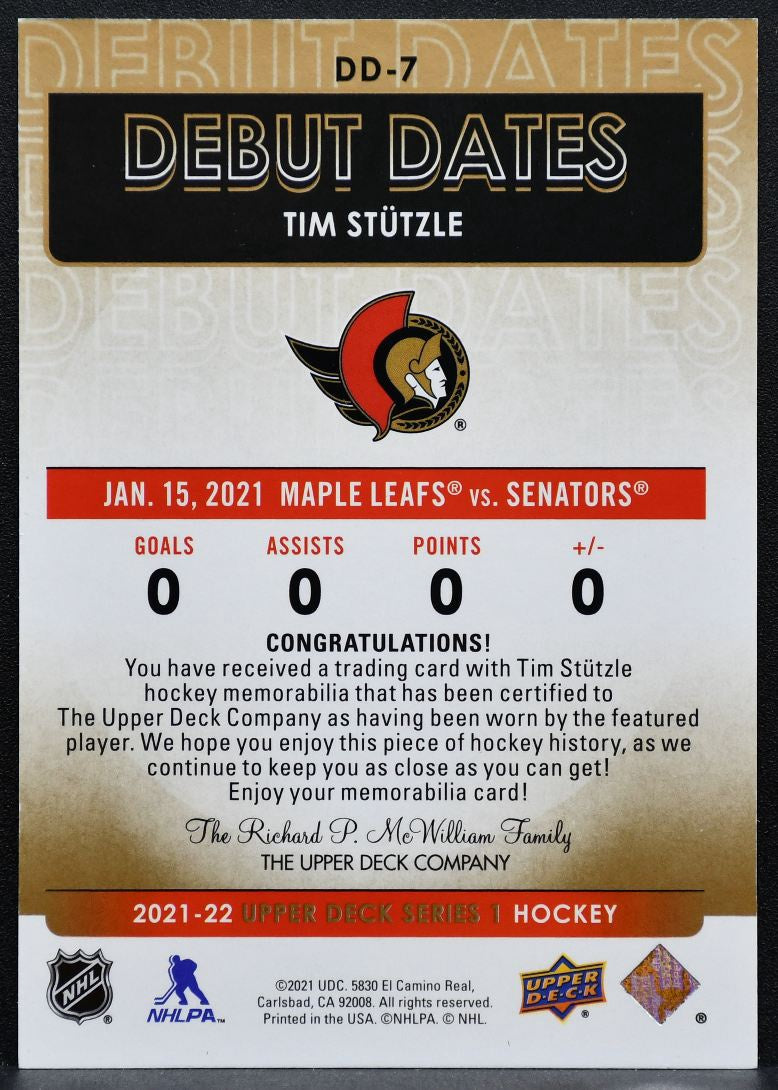 2021-22 UD Series 1 Debut Dates Tim Stutzle DD-7 Ottawa Flyers RC Jersey 2560