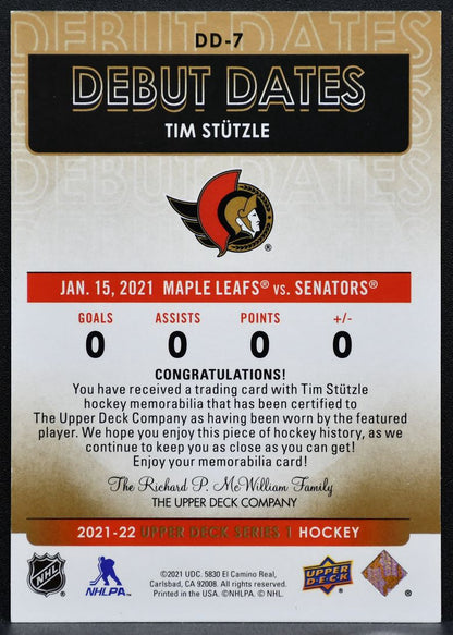 2021-22 UD Series 1 Debut Dates Tim Stutzle DD-7 Ottawa Flyers RC Jersey 2560