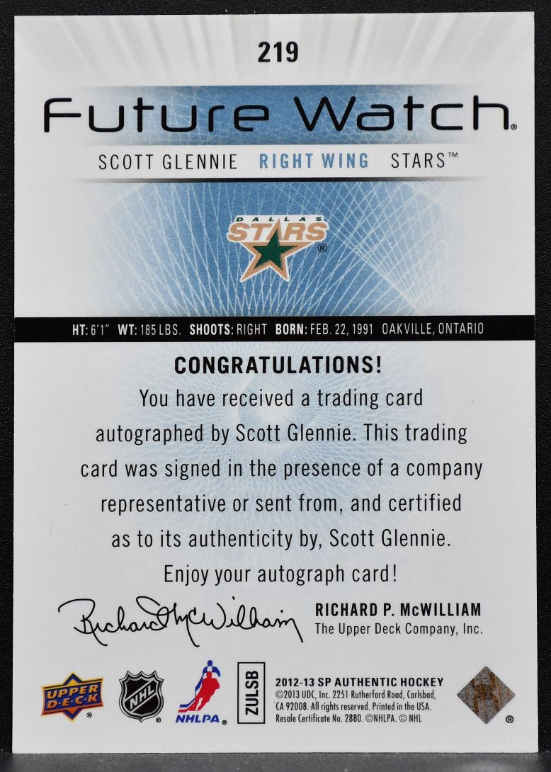 2012-13 SP Authentic Future Watch Auto Scott Glennie Stars RC Auto 631/999 9556