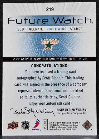 2012-13 SP Authentic Future Watch Auto Scott Glennie Stars RC Auto 631/999 9556