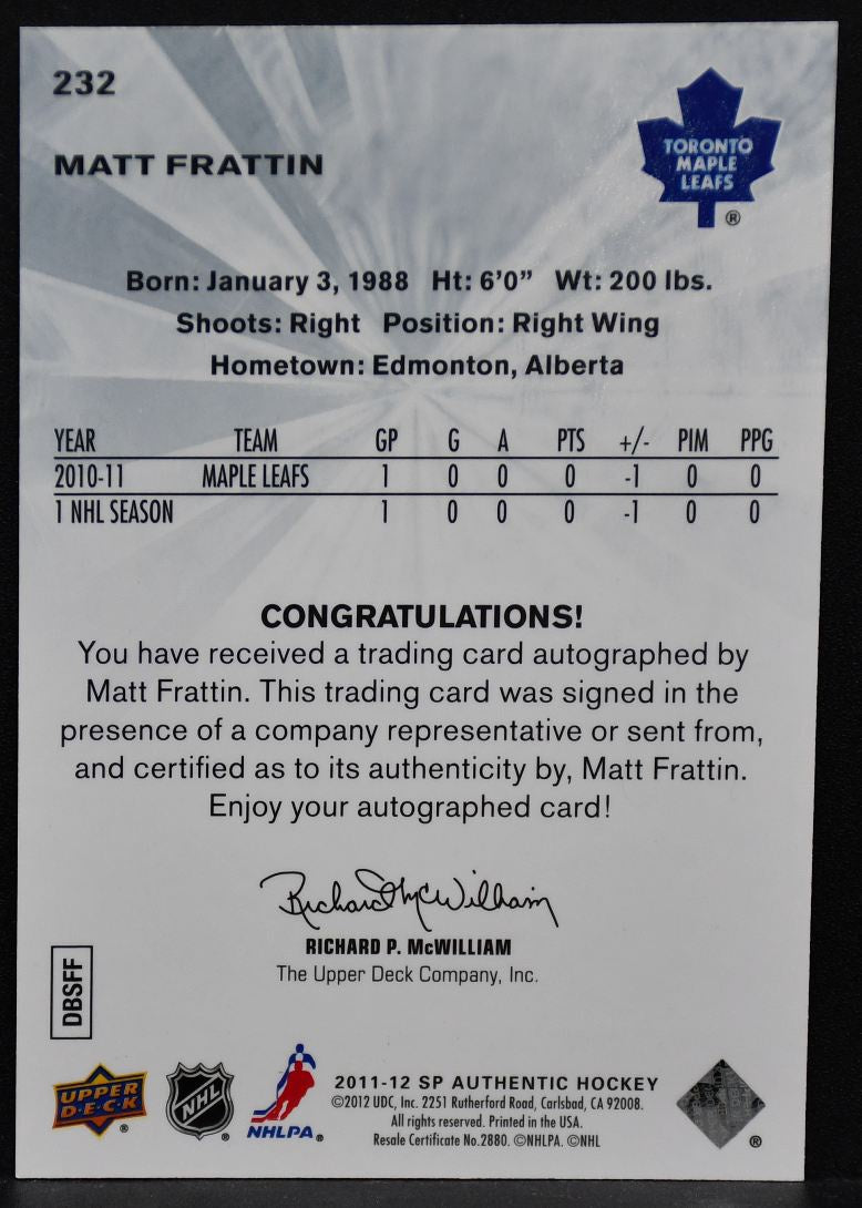 2011-12 SP Authentic Future Watch Auto Matt Frattin 232 RC Auto 105/999