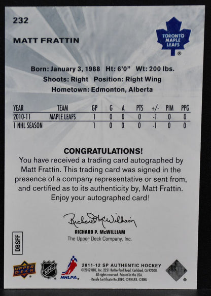 2011-12 SP Authentic Future Watch Auto Matt Frattin 232 RC Auto 105/999