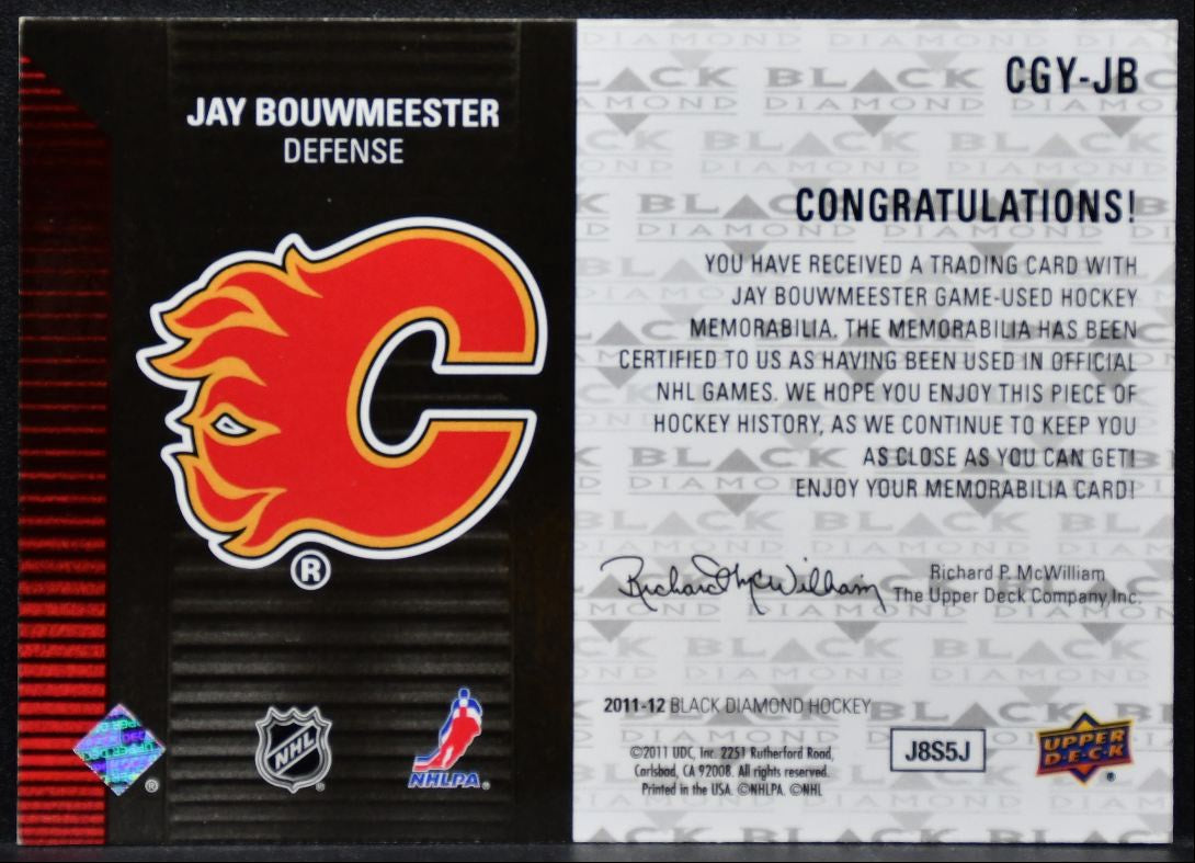 2011-12 UD Black Diamond Dual Jerseys Jay Bouwmeester CGY-JB Flames Jersey 4695