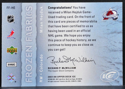 2007-08 Upper Deck Ice Frozen Fabrics Milan Hejduk FF-HE Avalanche Jersey 7905
