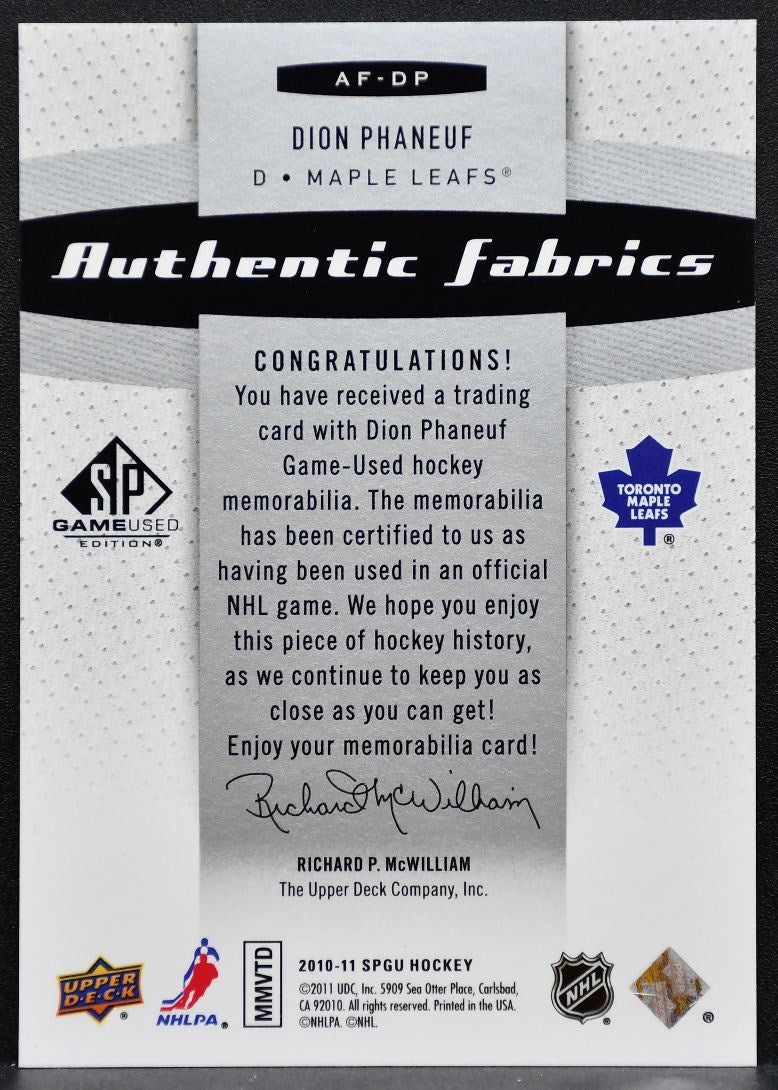 2010-11 SP Game Used Authentic Fabrics Dion Phaneuf Maple Leafs Jersey 0790