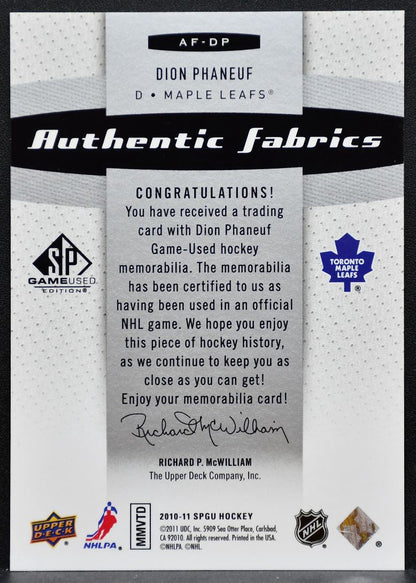 2010-11 SP Game Used Authentic Fabrics Dion Phaneuf Maple Leafs Jersey 0790