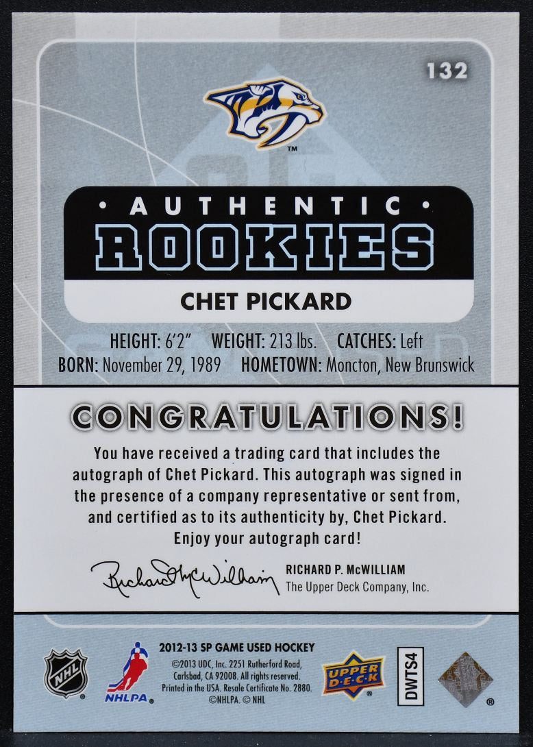 2012-13 SP Game Used Authentic RC Gold Chet Pickard 132 Predators RC Auto 1547