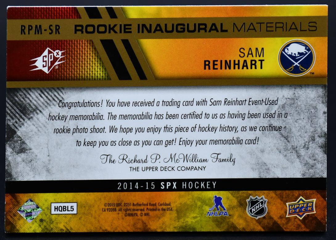 2014-15 SPx Rookie Inaugural Materials Sam Reinhart RPM-SR RC 81/99 Patch