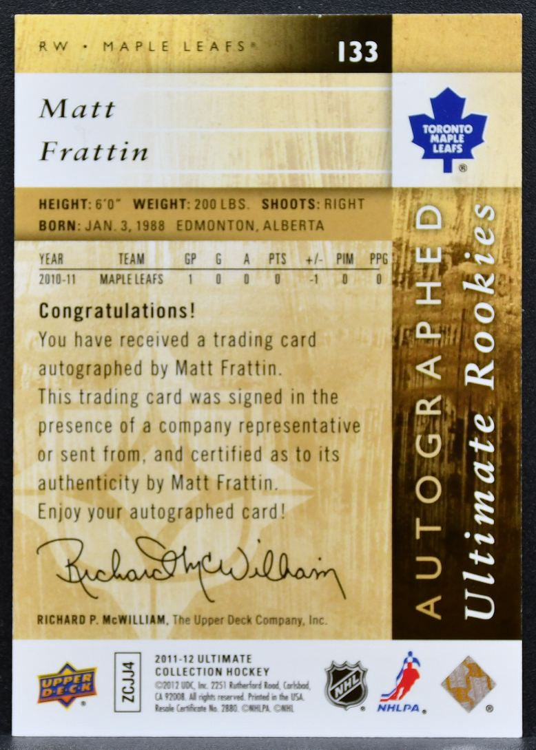 2011-12 UD Ultimate Collection Frattin 133 Maple Leafs RC Auto 055/299 1154