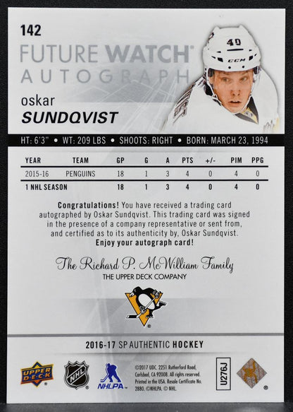 2016-17 SP Authentic Future Watch Auto Oskar Sundqvist RC Auto 345/999 1193