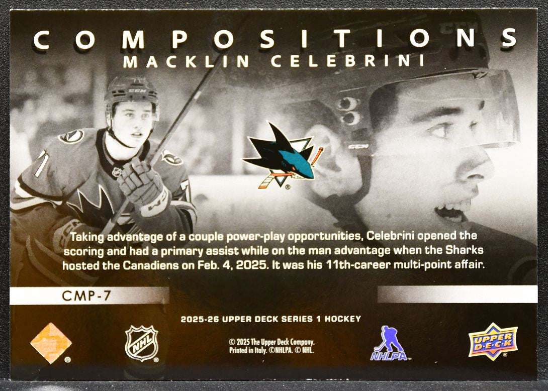 2025-26 Upper Deck Series 1 Compositions Macklin Celebrini CMP-7 Sharks 3899