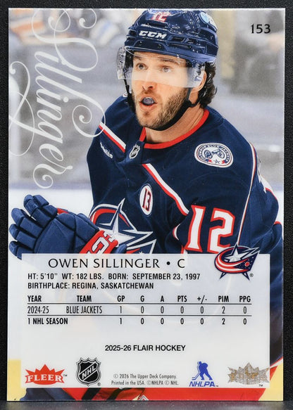 2025-26 Flair Rookie Owen Sillinger 153 Columbus Blue Jackets RC 9980