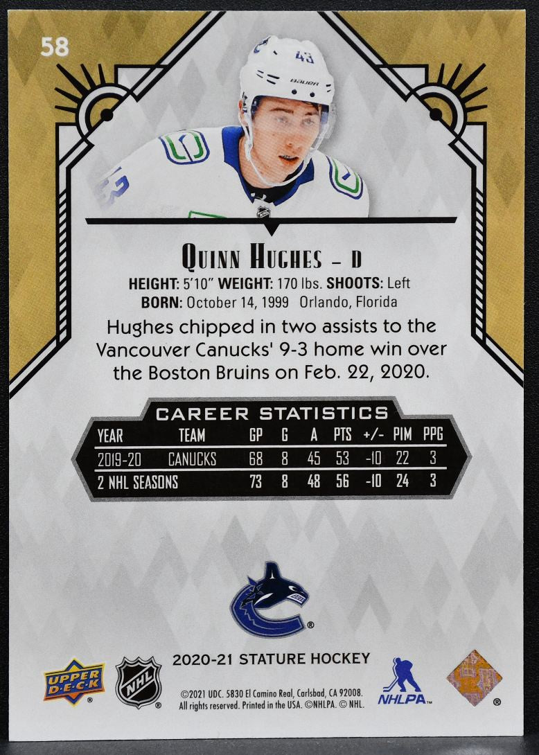 2020-21 Upper Deck Stature Green Quinn Hughes 58 Vancouver Canucks 162/175 8884