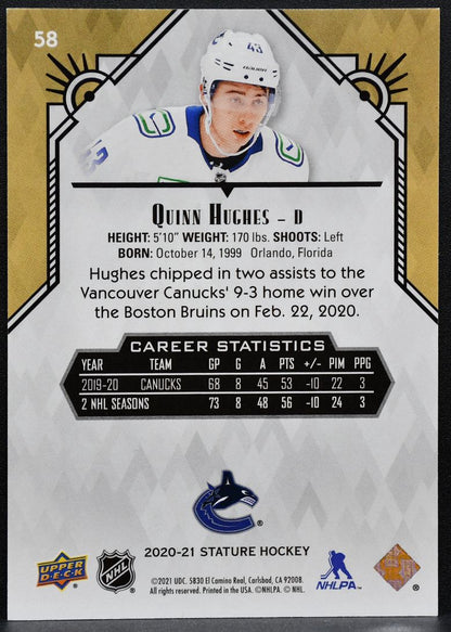 2020-21 Upper Deck Stature Green Quinn Hughes 58 Vancouver Canucks 162/175 8884