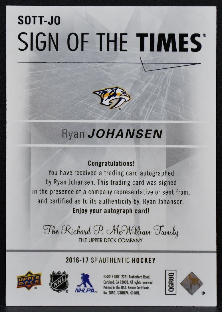 2016-17 SP Authentic Sign of the Times Ryan Johansen SOTT-JO Predators Auto 9369