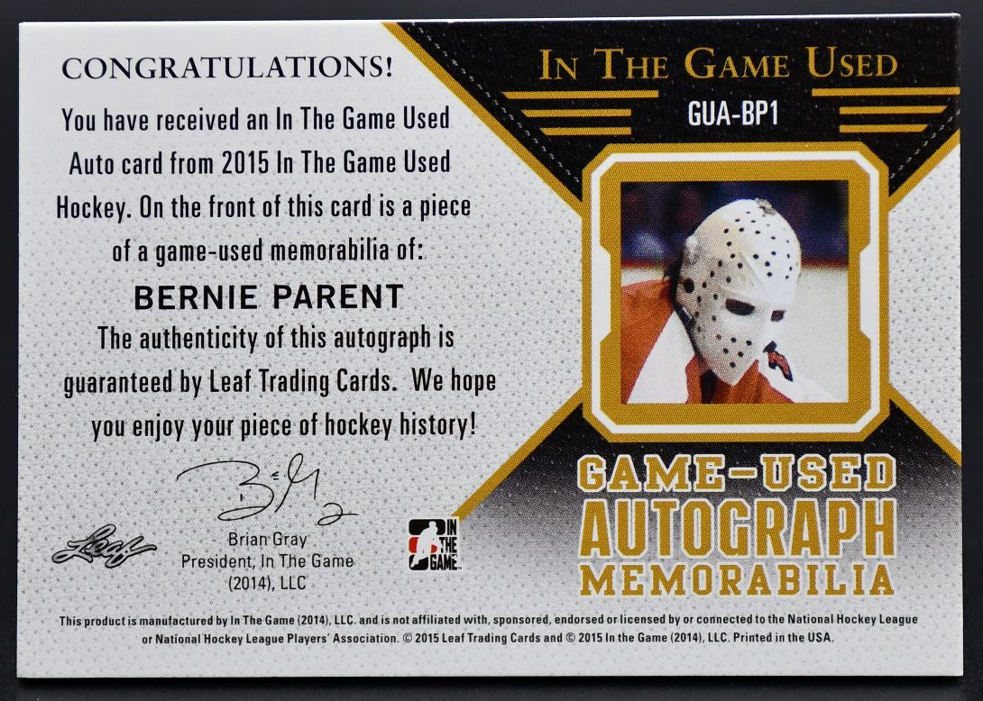 2014-15 Leaf Used Autograph Memorabilia Bernie Parent GUA-BP1 Auto 14/40 Jersey