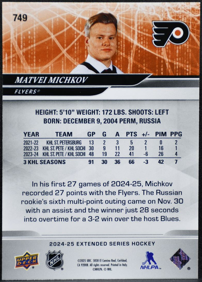 2024-25 Upper Deck Extended Series Round 1 Draft Matvei Michkov Flyers RC 6674