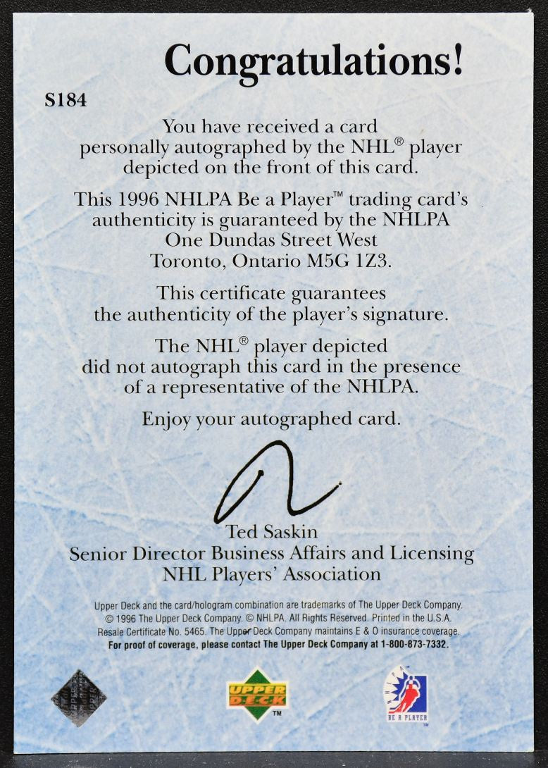 1996-97 Upper Deck Be A Player World Class Rob Niedermayer S184 Auto 2804