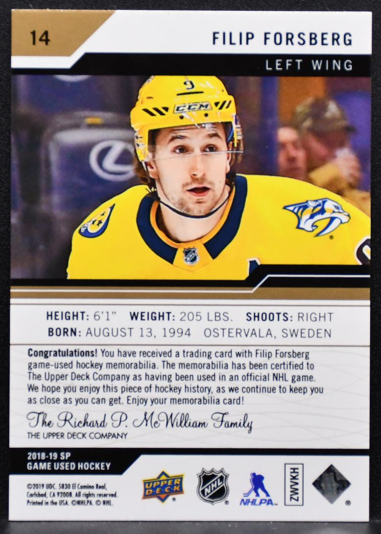 2018-19 SP Game Used Jersey Filip Forsberg 14 Nashville Predators Jersey 8888