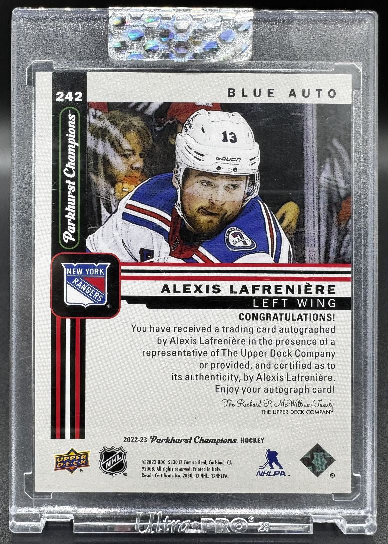 Carte autographe bleue d'Alexis Lafrenière, édition 2022-2023 de Parkhurst Champions Base /15