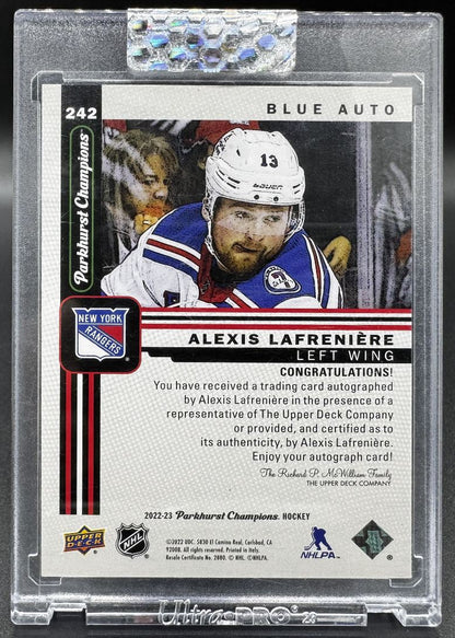 Carte autographe bleue d'Alexis Lafrenière, édition 2022-2023 de Parkhurst Champions Base /15
