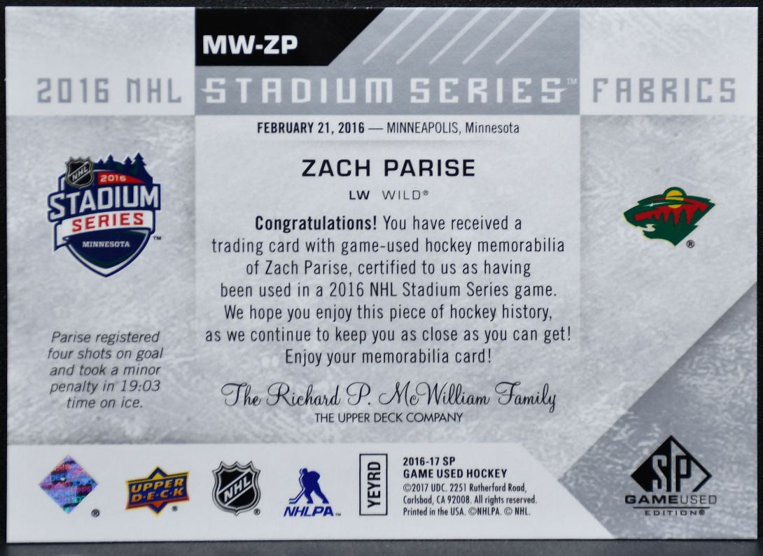 2016-17 SP Game Used 2016 Stadium Series Fabrics Zach Parise Wild Jersey 9843