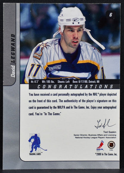 2000-01 Be a Player Signature Series Auto David Legwand 6 Predators Auto 7396