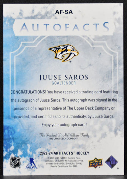 2023-24 Upper Deck Artifacts Auto Facts Juuse Saros AF-SA Predators Auto 4910