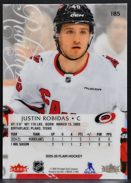 2025-26 Flair Rookie Justin Robidas 185 Carolina Hurricanes RC 0542