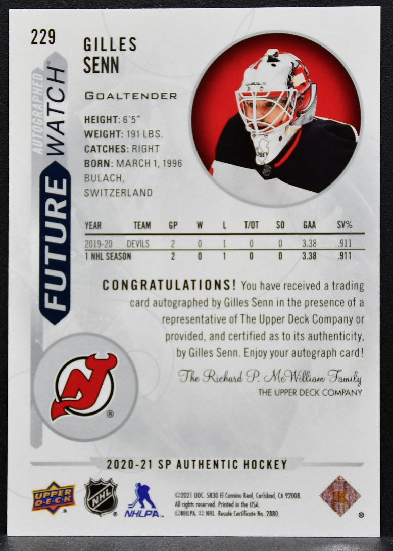2020-21 SP Authentic Future Watch Auto Gilles Senn Devils RC Auto 457/999 0239